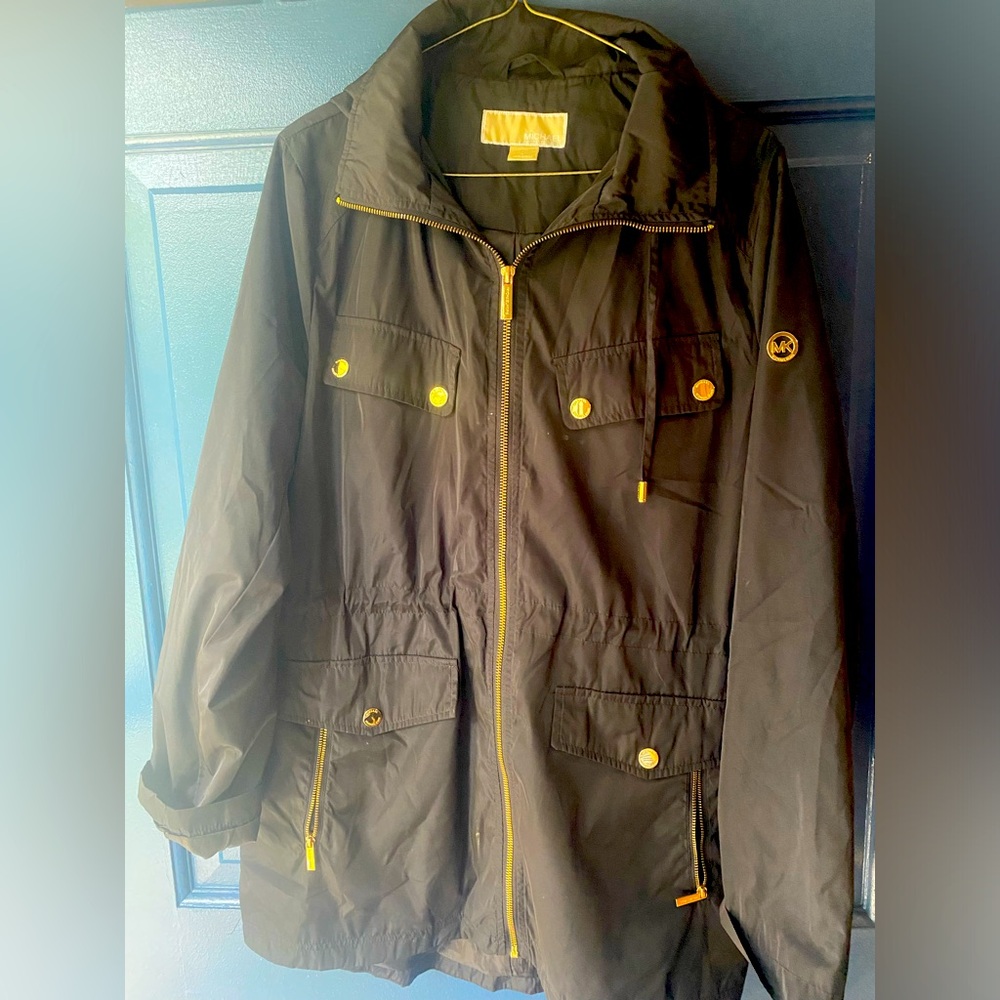 MICHAEL KORS Women's MK Trench Coat w/ Hood Black Polyester Gold Logo Size XL